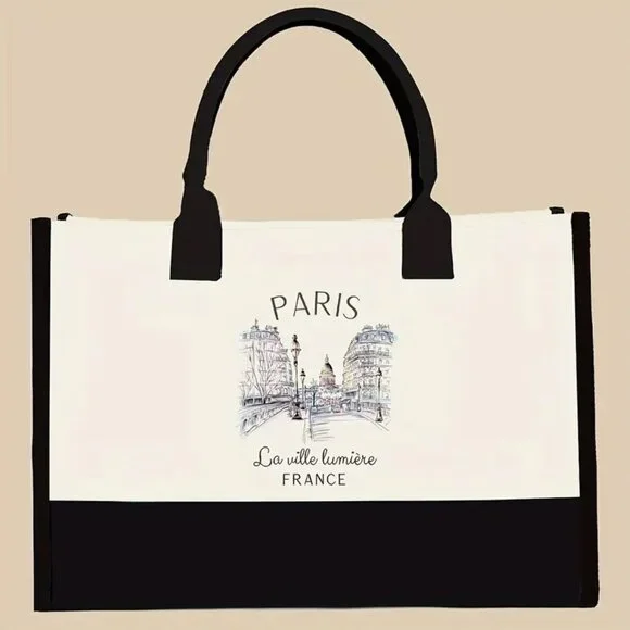 🗼 Paris France Cityscape Print Canvas Tote Bag Large Travel Bag Elegant 🎁 - Picture 2 of 5